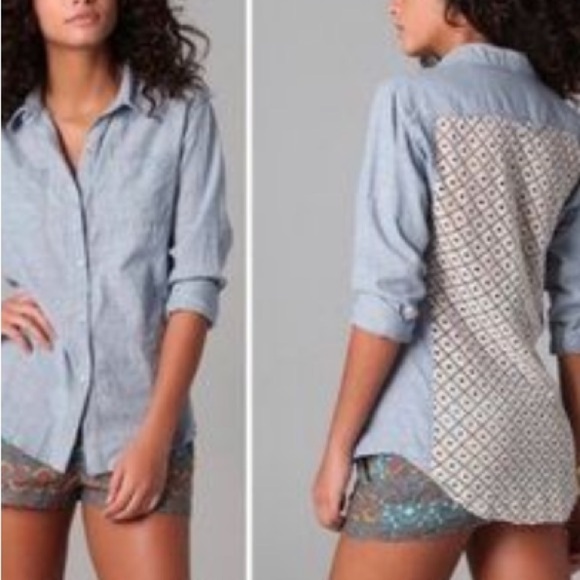 Free People Chambray Top Sz S Denim Lace - Picture 1 of 6